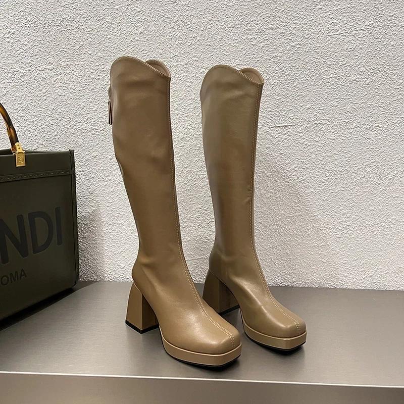 Fashion Platform Long Boots For Women Fashion Back Zippers High Heel Knee High Boots Autumn Winter Ladies Elegant Mordern Booties