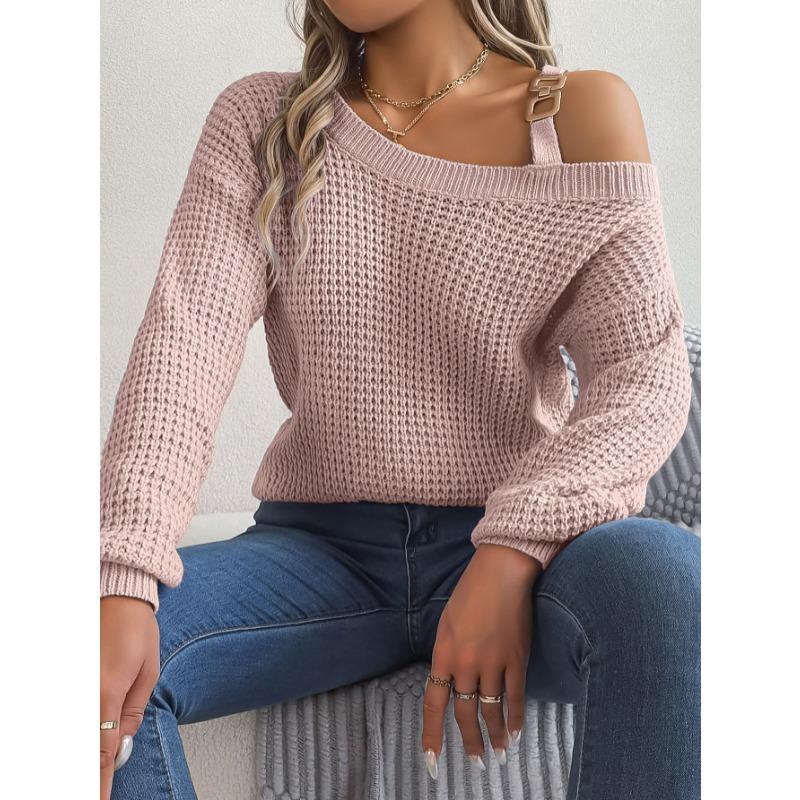 Autumn Winter Casual Metal Buckle Splicing Off-the-shoulder Pullover Sweater Fashion Elegant Lantern Long Sleeve Casual Simple Women Sweater Clothing