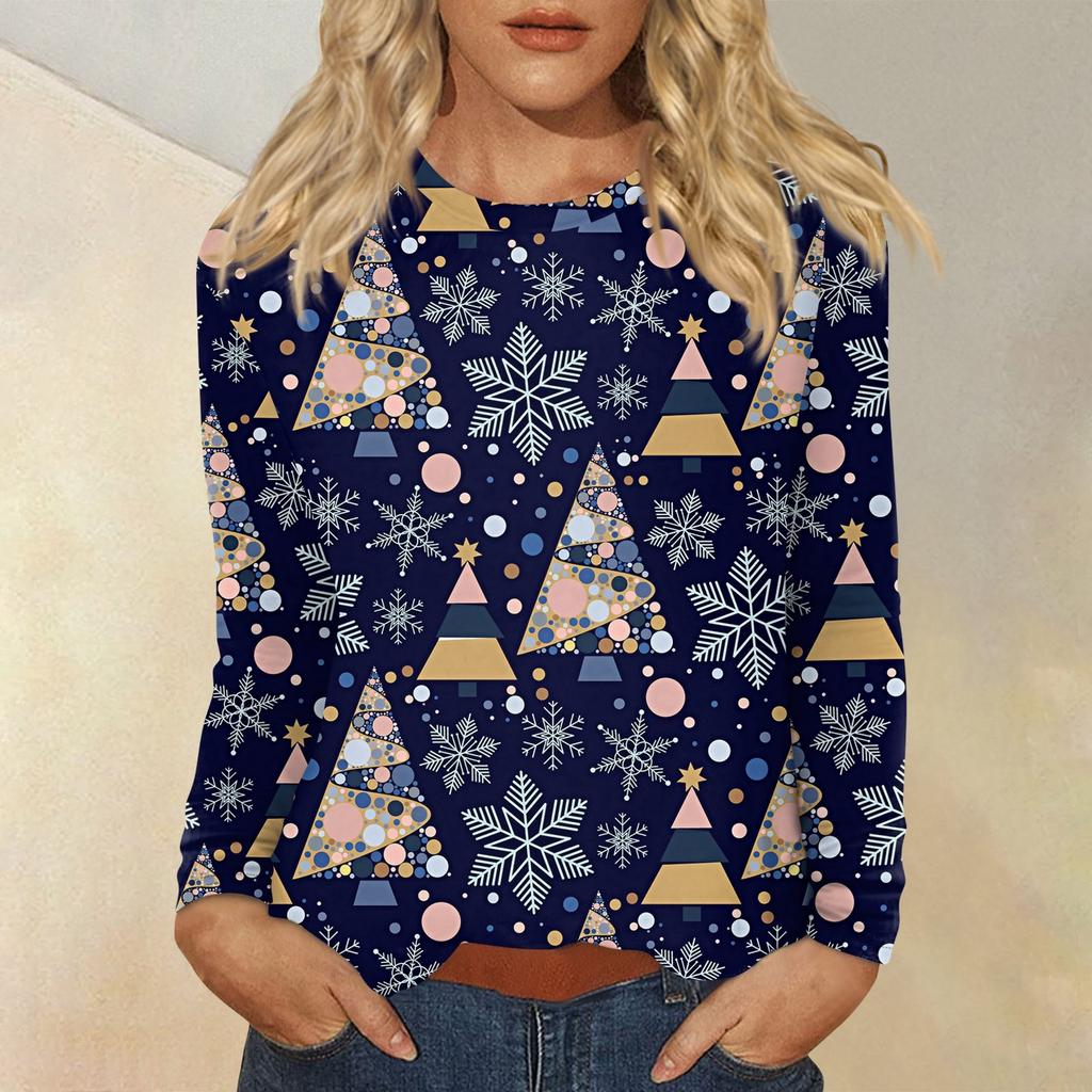 Рубашки с длинным рукавом для женщин, милые футболки с принтом на Рождество, блузки, повседневные топы больших размеров, пуловеры