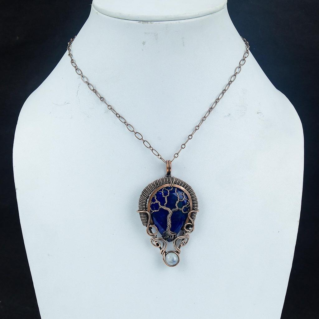 Blue Sapphire Pendant, Handmade Gemstone Pendant, 999 Copper Wire Wrapped Pendant Antique Jewelry, For Engagement Gift