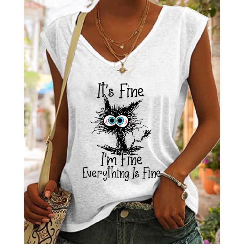 Свободный жилет с V-образным вырезом и рукавами-крылышками 2024 года с принтом черного кота