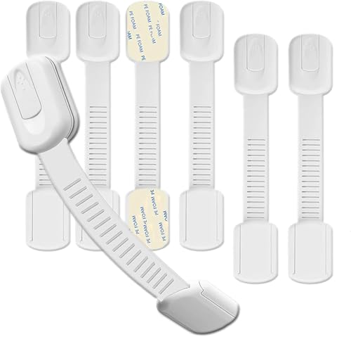 Hion 6 Pack Child Safety Locks for Cabinets and Drawers, No Drilling Adhesive Baby Proofing Cabinet Locks for Doors, Refrigerator, White