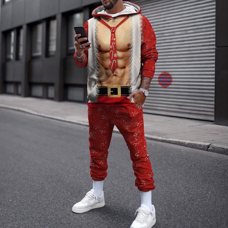 Зимний рождественский комплект с капюшоном для мужчин и женщин, уличная одежда, повседневный пуловер, свободный спортивный костюм для бега, толстовки с 3D принтом + длинные брюки