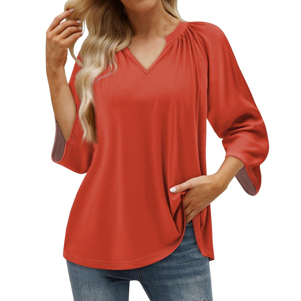 Women's Summer Casual 3/4 Sleeve T-Shirt Solid V Neck Pullover Top