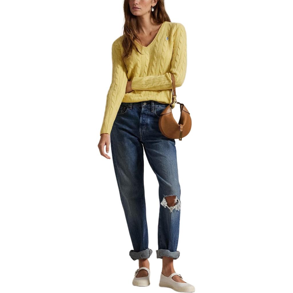 Свитер с V-образным вырезом Polo Ralph Lauren, вязаный косами, женский свитер 211971866-007