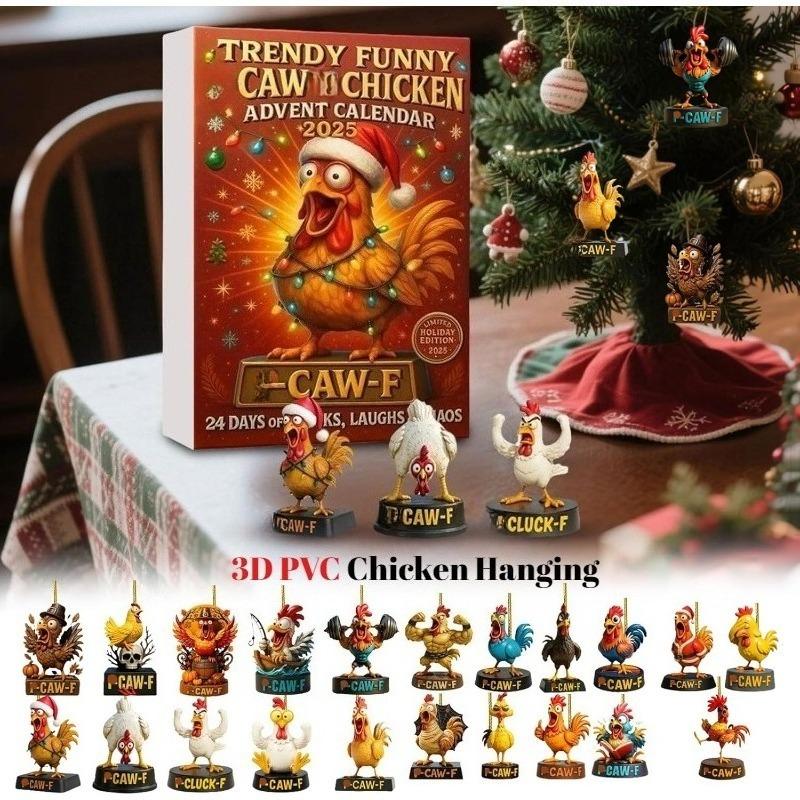 Caw-F Advent Calendars 2025 Funny Christmas Decor Chicken Ornaments 24 Days Countdown Calendar Christmas Tree Hanging Charms