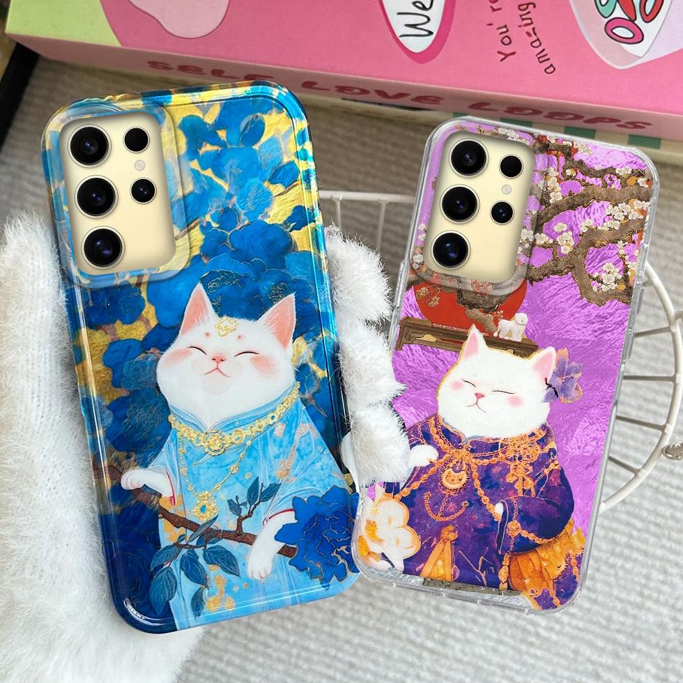 Korean Cute White Cat Vortex Pattern Girls Phone Case for Samsung Galaxy S25 Edge S24 S23 S22 S21 S20 FE Plus Ultra Bags Cover