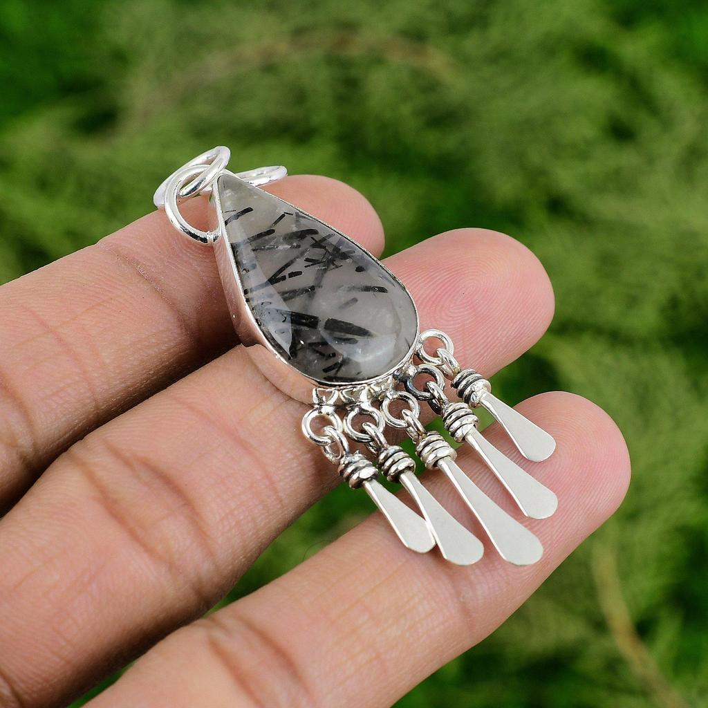 Pear Natural Black Rutilated Quartz Sister Pendant Jewelry 925 Sterling Silver