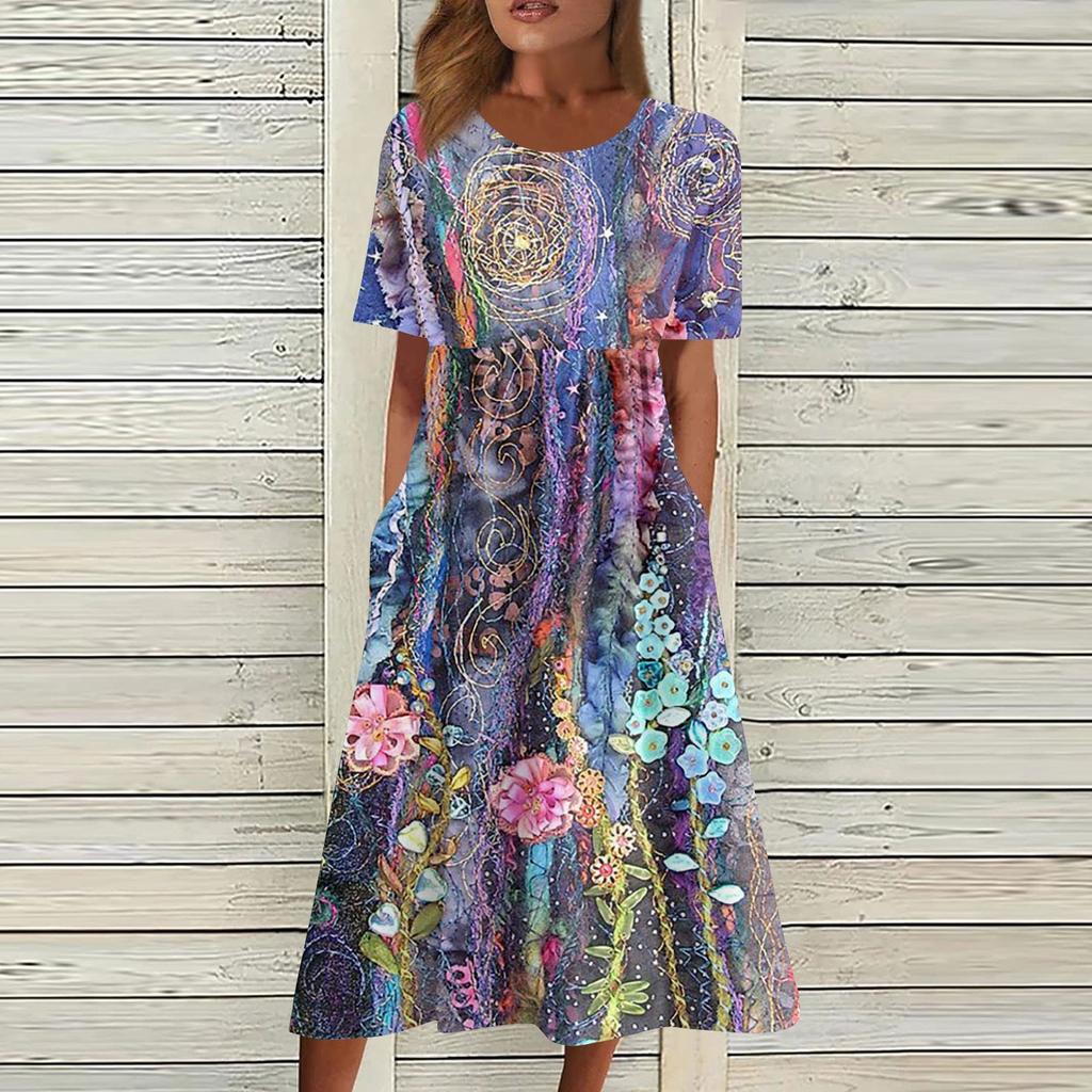 Жен. Повседневные платья Платья с принтами Летние платья С принтами Плиссированные платья-миди с круглым вырезом Классический Классический На открытом воздухе Повседневные С короткими рукавами Свободные платья