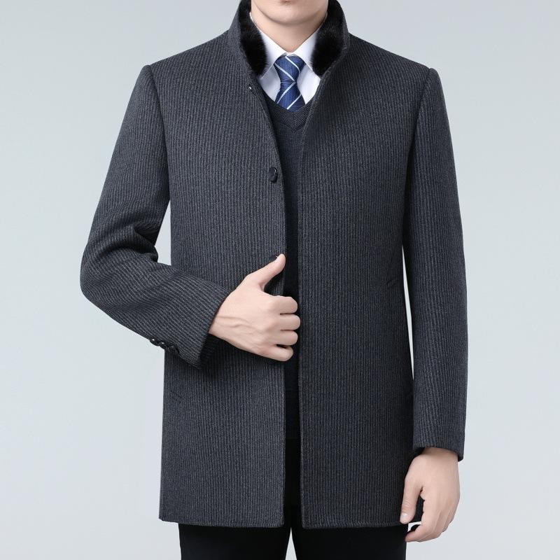 High-end Cashmere Coat for Men, Medium-length Double-sided Woolen Mink Stand-up Collar, Down Bile Business Middle-aged Dad Winter Coat