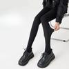 Women's Autumn Winter Black Cotton Vertical Stripe Fleece Lined Thickened Ribbed Leggings Outer Wear Stirrup Warm Footed One-Piece Pants
