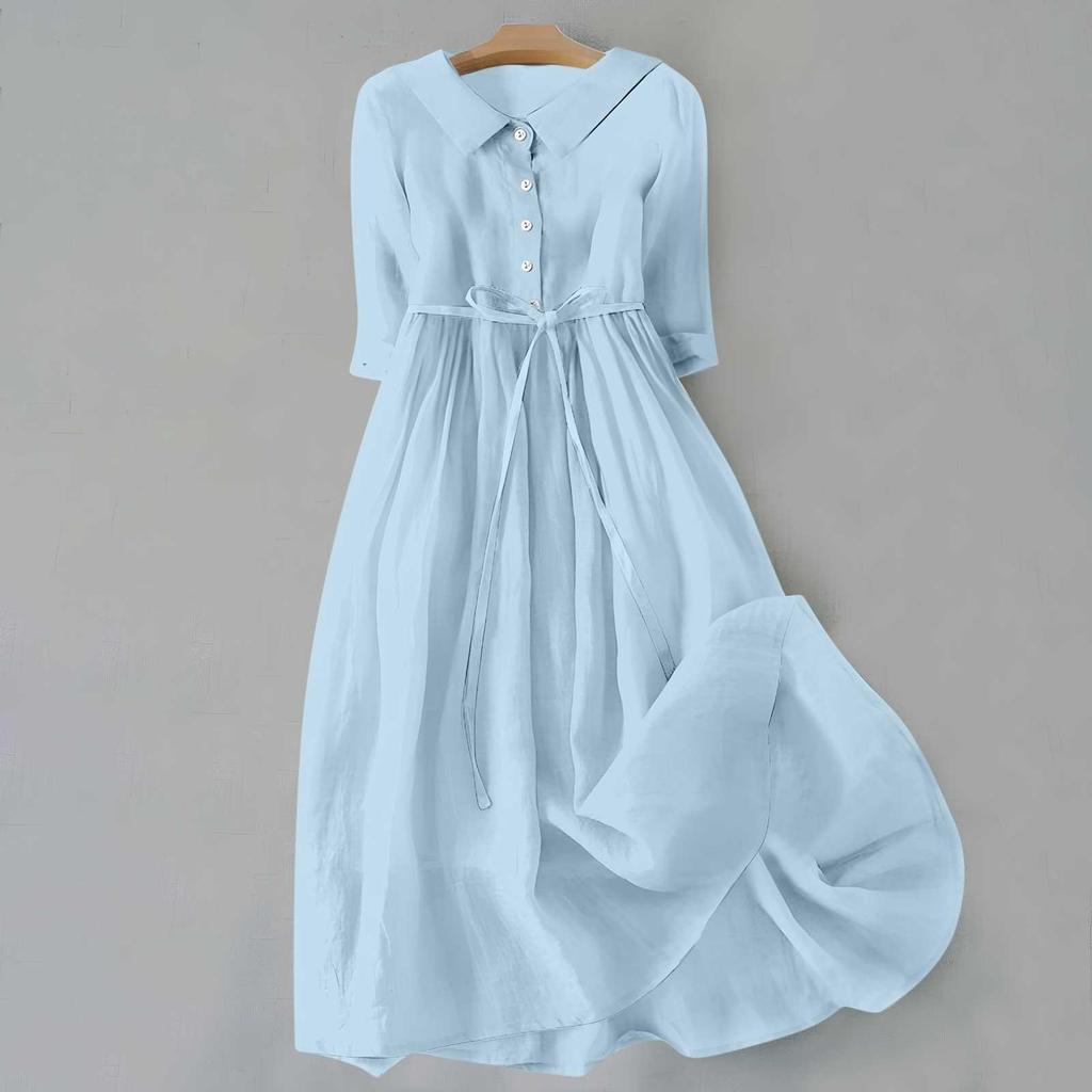2024 Summer Trendy Lapel Dress: Cotton & Linen, Five-Point Sleeve, Long Skirt
