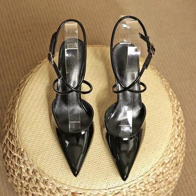 Одиночные туфли сексуальные босоножки весна-лето высокие каблуки женские шпильки ремешки заостренные новые большие размеры черные лакированные кожаные красивые темпераментные