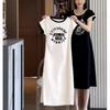 European summer dress women's ice silk thin letter printing split-ended long dress design sense short sleeves slim and thin home skirt