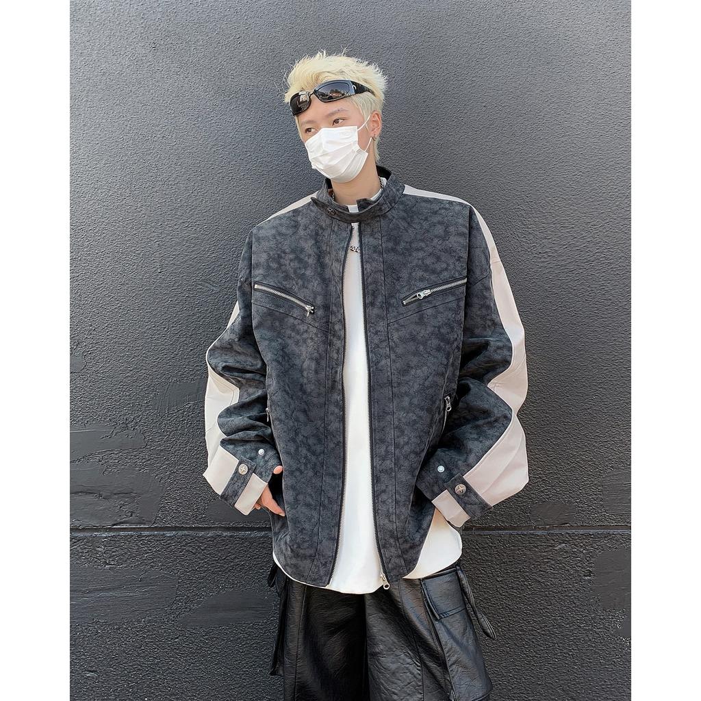 Autumn new long-sleeved leather shoulder padded stand-up collar locomotive jacket couple American retro matte textured coat top