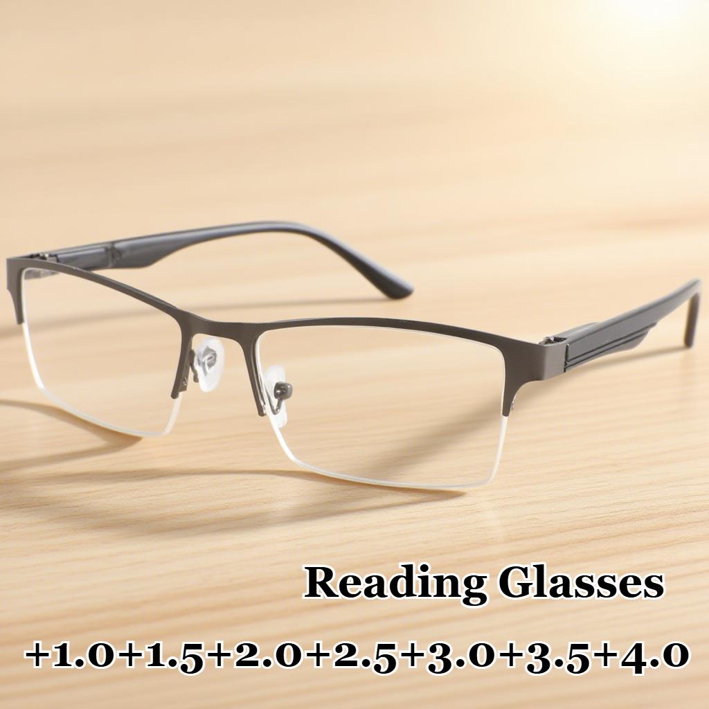 Men'S Half Frame Reading Glasses High Definition Blue Light Blocking Square Glasses Neutral Retro Fashion Presbyopia Eyeglasses