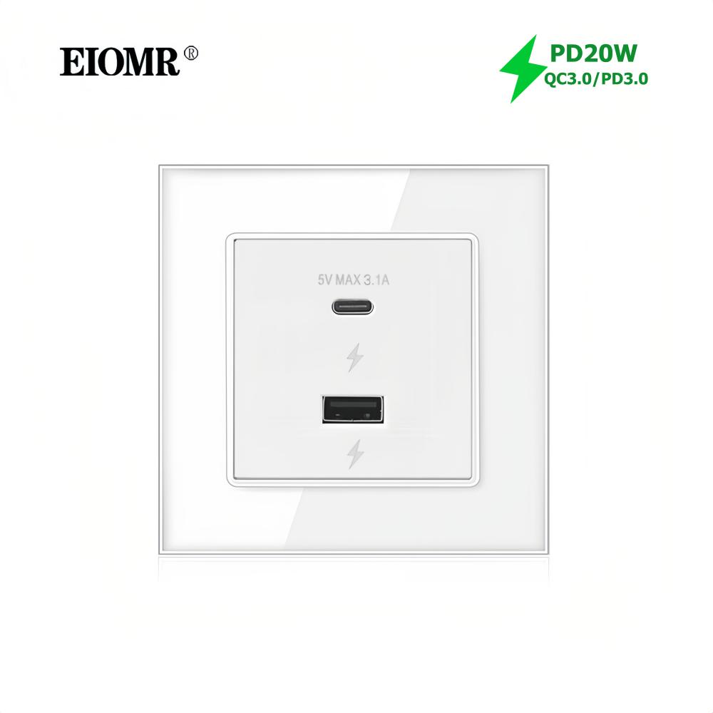 EIOMR 16A Израильская настенная розетка, USB A C порт для зарядки, Белая панель из хрустального стекла, Одиночная, Двойная, Тройная, Израильский тип C розетка