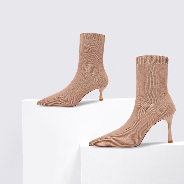 High Heel 8cm New Slim Boots Women's High Heel Short Boots Knitted Single Boots Children's Pointed Socks Boots Thin Heels