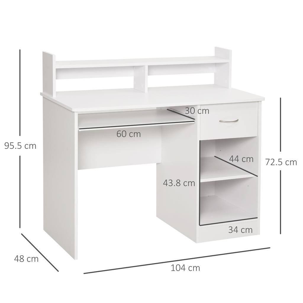 Compact Computer Desk White Wooden PC Desk With Pull Out Keyboard Tray And Shelves 104x48x95.5cm