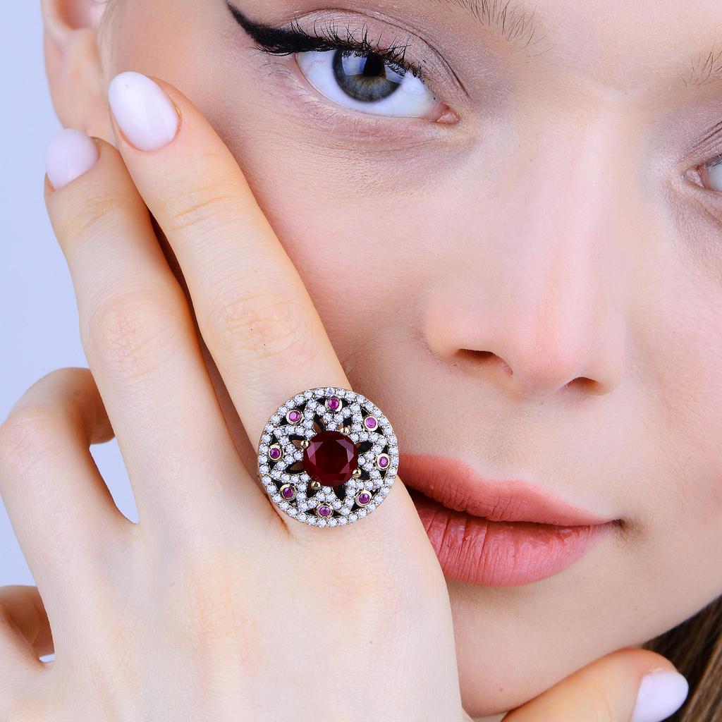 Комплект украшений с рубиновым камнем в османском стиле, серебряный комплект в винтажном стиле, коллекция женских украшений ручной работы - изысканный винтажный комплект с рубином