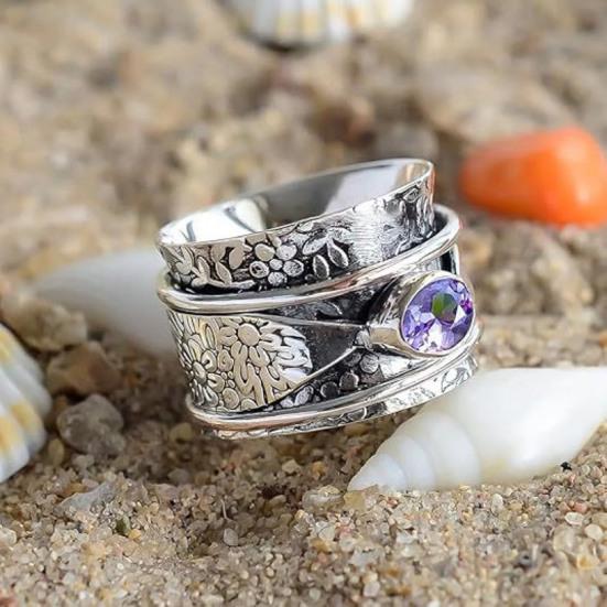 Кольцо для медитации с богемным аметистом, винтажное цветочное вращающееся широкое кольцо с аметистовым камнем, вращающееся кольцо для снятия беспокойства