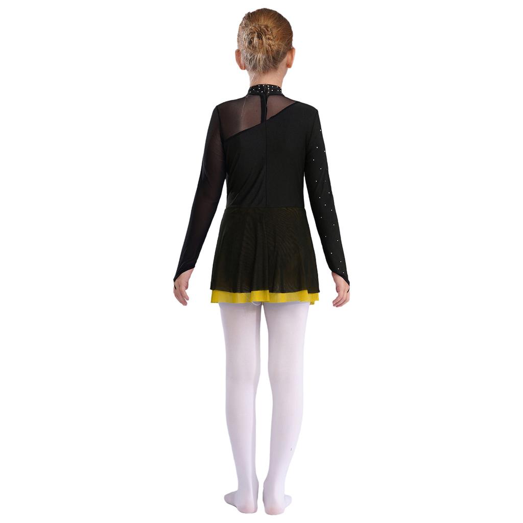 Платье для фигурного катания и танцевальных выступлений для девочек с длинным рукавом, воротником-стойкой, блестящими стразами, прозрачной сетчатой вставкой и лоскутным дизайном