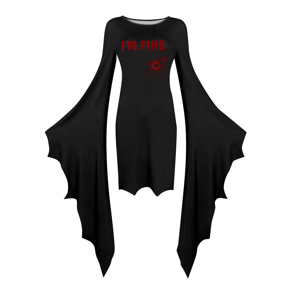 Женская мода готический панк летучая мышь рукава Хэллоуин принт нестандартное вечернее платье