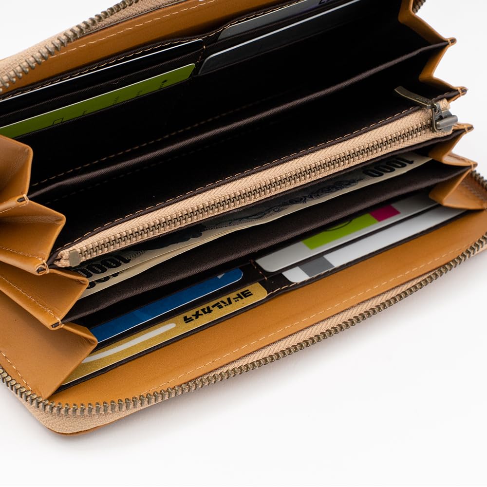 E-MONO Genuine Leather Long Wallet, Himeji Leather, Skimming Prevention, Men's Round Zipper Wallet, Leather Zipper Purse, Long Wallet, Business