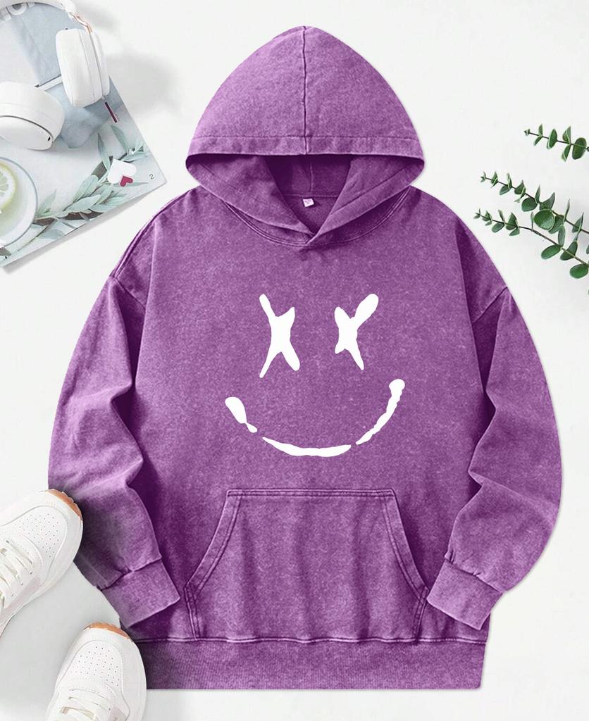 Creative Smiling Printed Washed Hoodies Women Hip Hop Cotton Streetwear Autumn Fashion Clothes Casual Hoody