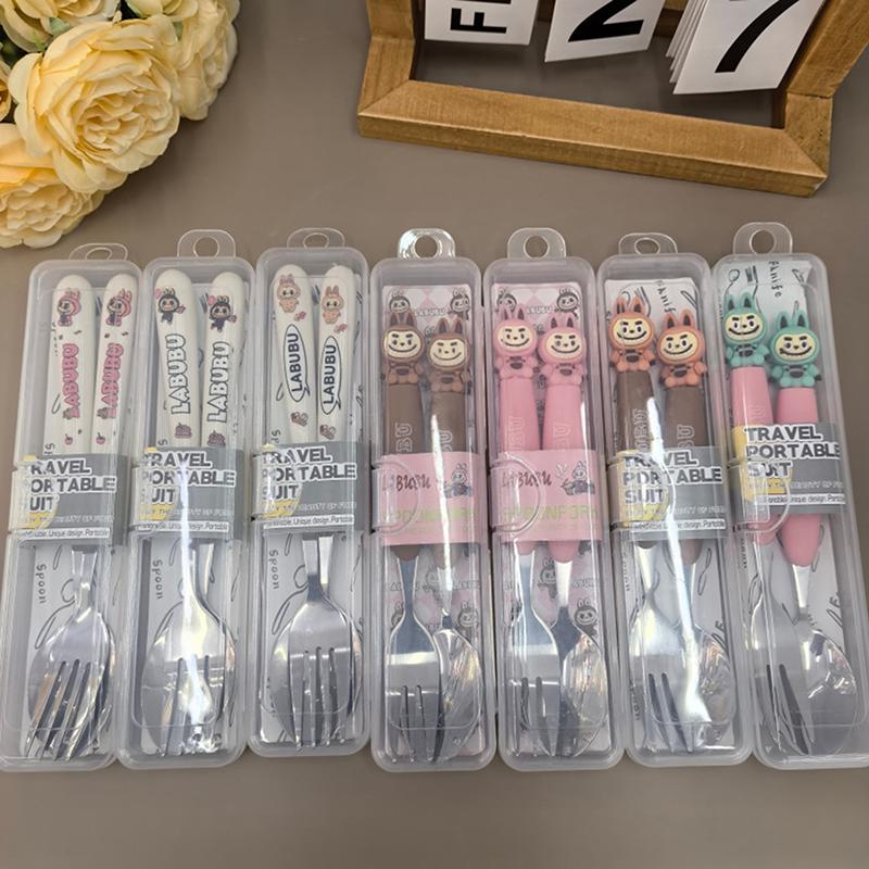 Милый набор столовых приборов из нержавеющей стали Labubu, состоящий из двух предметов, детская посуда с ручками из полипропилена, переносная вилка, ложка, детские товары