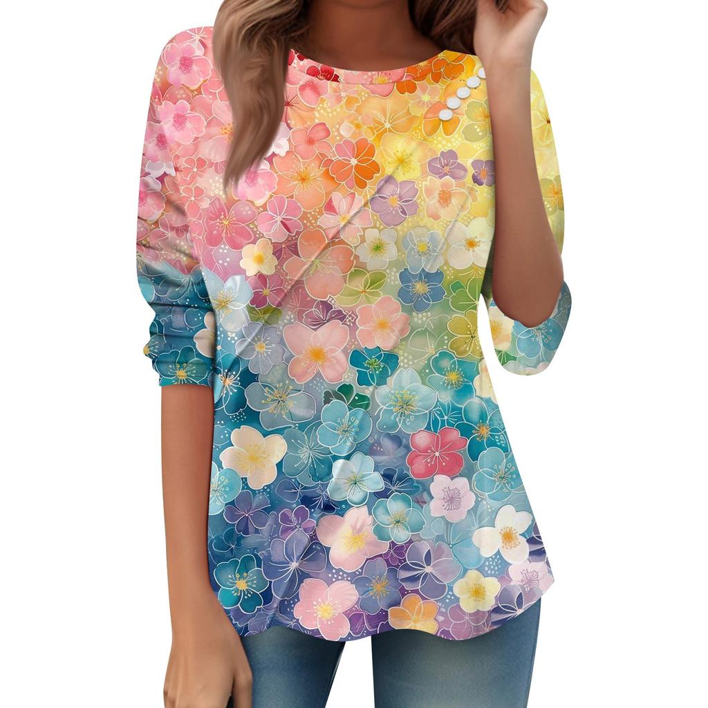 Women's Loose Casual Long Sleeve Top Round Neck Button Pull Stripe Prints T Shirt