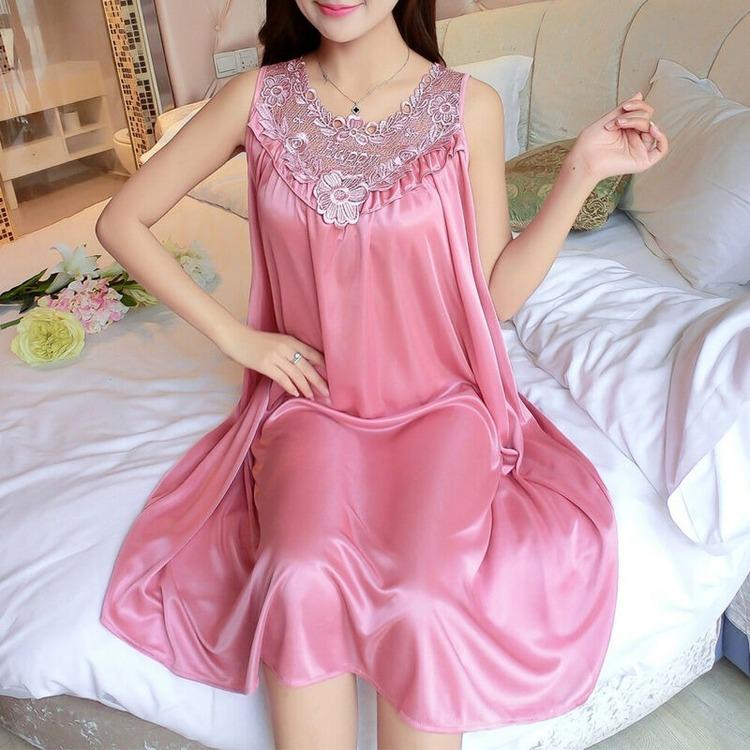 Ladies Pure Color Sexy Ice Silk Satin Nightgowns Baggy Casual Sleeveless Sleepwear Long Dress