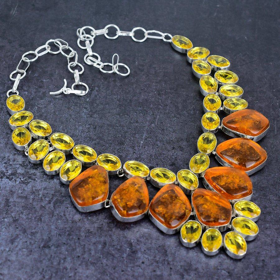 Baltic Amber, Citrine Gemstone 925 Sterling Silver Jewelry Necklace 18" c7V50