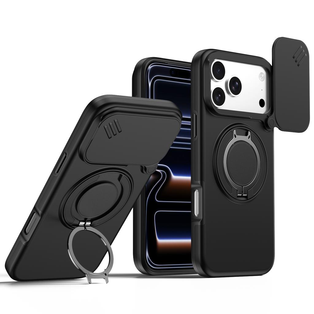 Бронированный чехол-слайдер с защитой объектива камеры для iPhone 13 14 15 16 Plus Air 17 Pro Max, металлическое кольцо-подставка, ТПУ-рама, пластиковая крышка