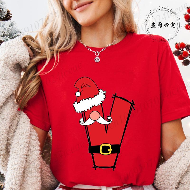 Summer Y2k Women T-shirt Christmas Santa Alphabet A~Z Printed Female Clothing Short Sleeve Tops Christmas Santa Party Tee Shirts