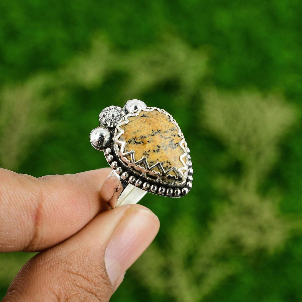 Natural Picture Jasper Gemstone Statement Adjustable Ring 925 Silver For Women