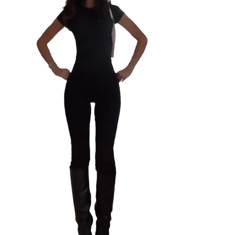 Женский однотонный эластичный облегающий костюм-двойка 2024: Топ с коротким рукавом и длинные брюки