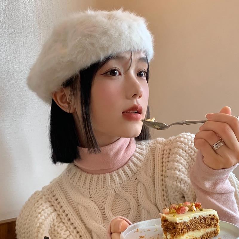 Элегантный белый меховой берет из кролика для женщин, уютная зимняя шапка, модная шляпа художника
