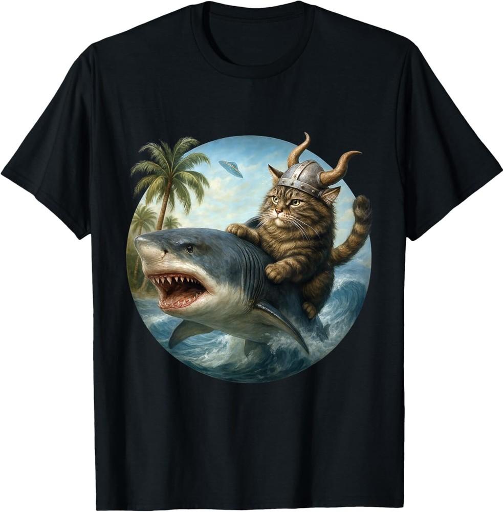 Epic Viking Cat Surfing Shark Quirky Cat Ocean Adventure Art T-Shirt Unisex T-Shirt
