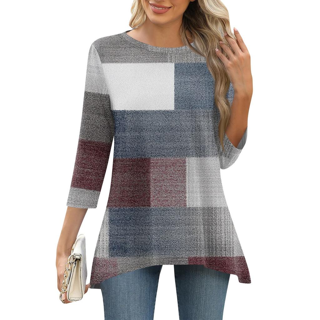 3/4 рукав туника топы для женщин принтованный повседневный выходной свободный крой модная базовая футболка с круглым вырезом