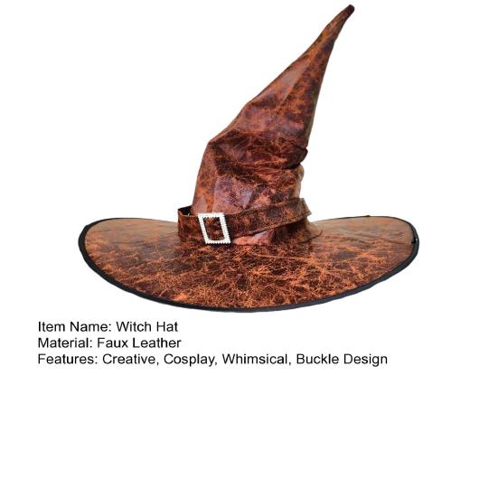 Halloween Witch Hat Vintage Faux Leather Wizard Hat with Buckle Halloween Cosplay Party Costume for Men Women