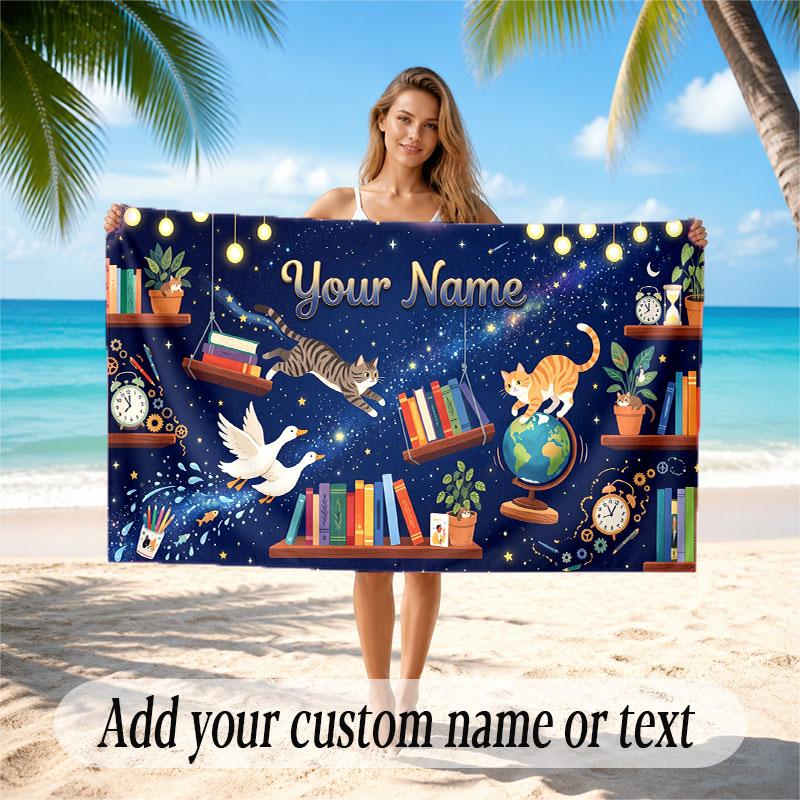 Nature Library Travel Theme Soft Beach Towel Personalized Custom Name Text Towel Portable for Beach Pool Travel