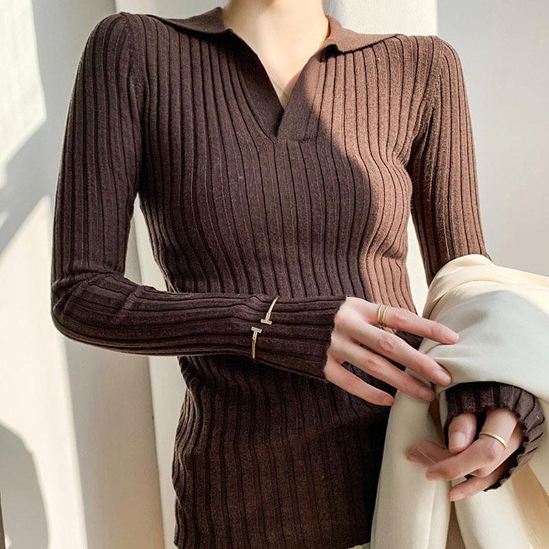 Autumn/winter Knitted T-shirt Women's Pullover Knit Sweater V-neck Polo Shirt Top Knitted Undershirt Women's Stretch Skinny Sweater Undershirt