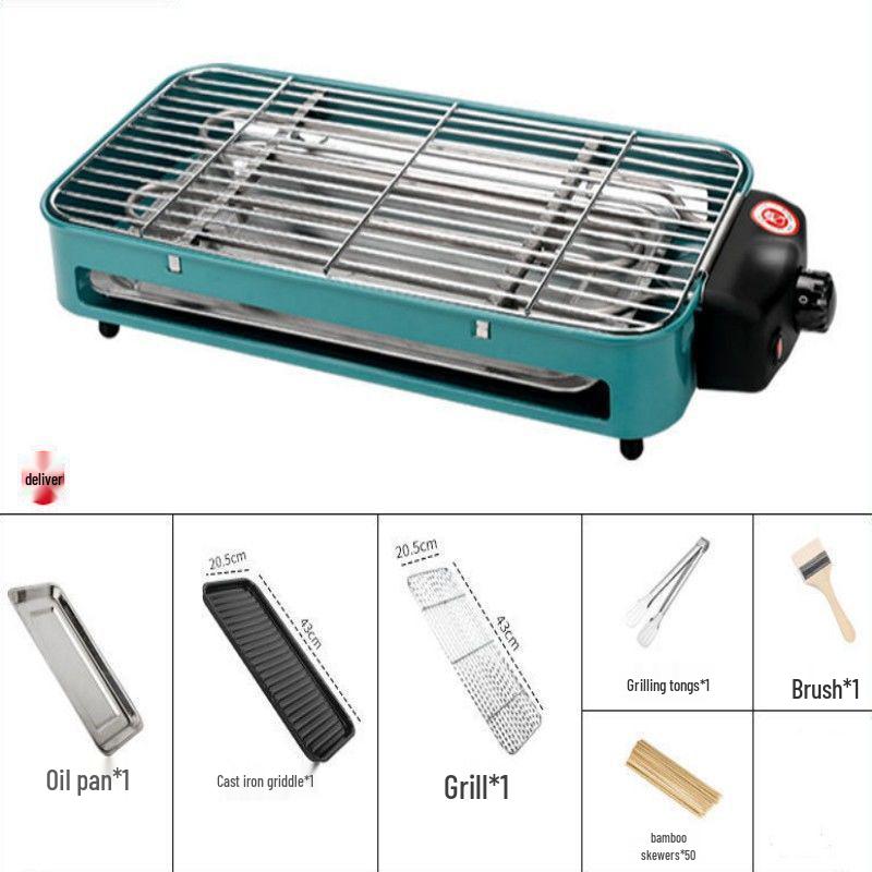 Multifunctional Electric Grill & Roaster with Non-stick Pan and Smokeless Griddle for Skewers and Sausages