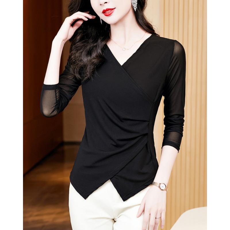 New Autumn Clothing Slim and Versatile Cross V-neck Solid Color Long-sleeved Mesh Base Shirt for Women's Inner T-shirt