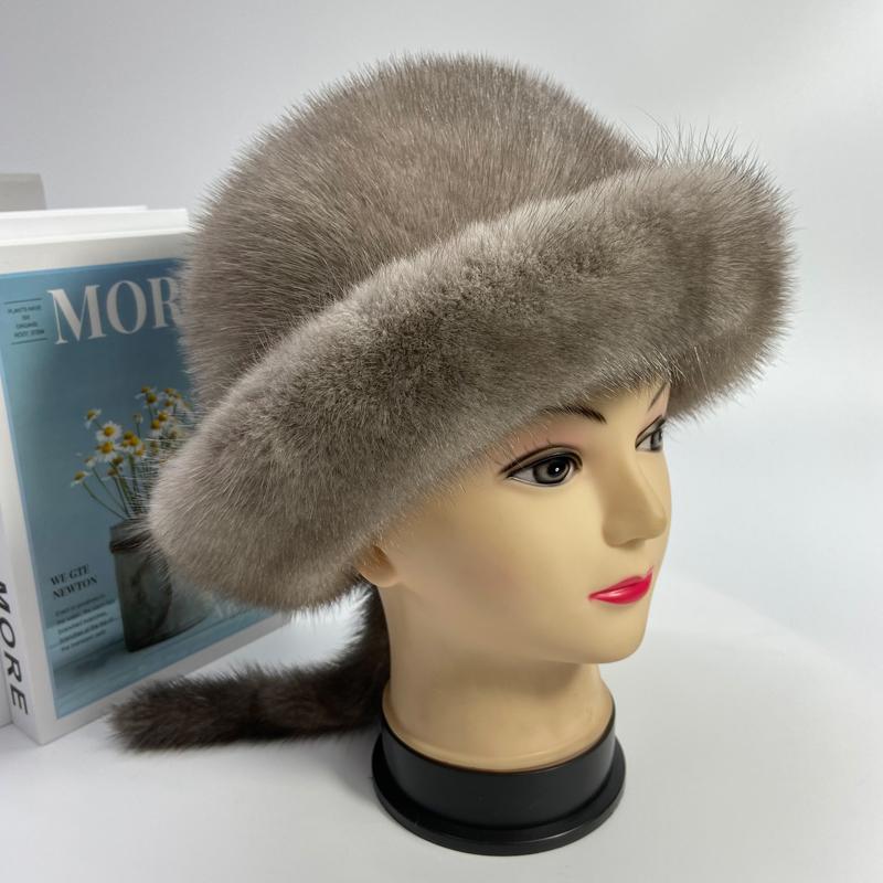 Warm Winter Real Snow Mink Fur Hat with Tail Russian Women Soviet Cap Penguine Hat Luxury Women's Winter Natural Fur Hat 2022