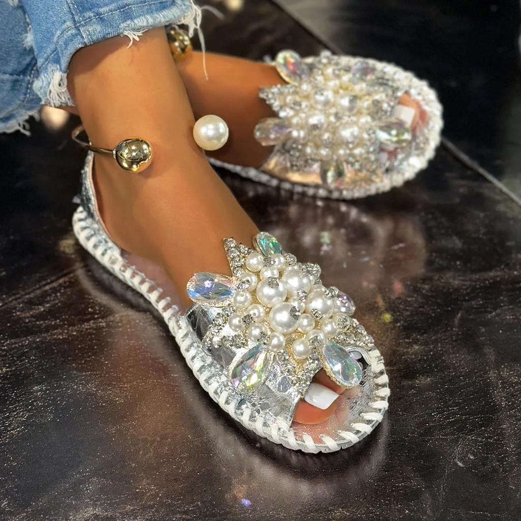 Дизайнерские Женские Сандалии Роскошные Сандалии со Стразами Повседневные Летние Сандалии с Закрытым Носком для Женщин Модные Плоские Сандалии Обувь Женская
