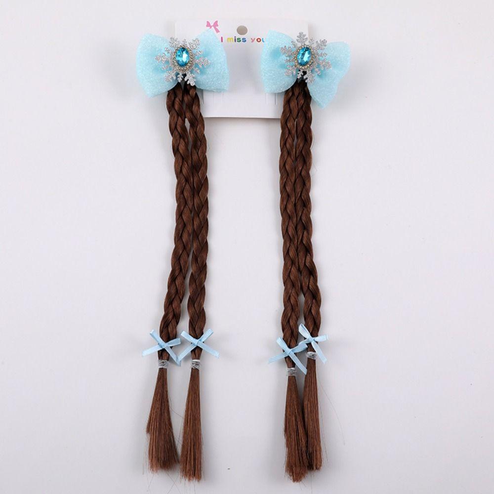 2pcs Snowflake Girls Braids Wig Synthetic Kids Ponytail Princess Cartoon Bow Ponytail  Daily