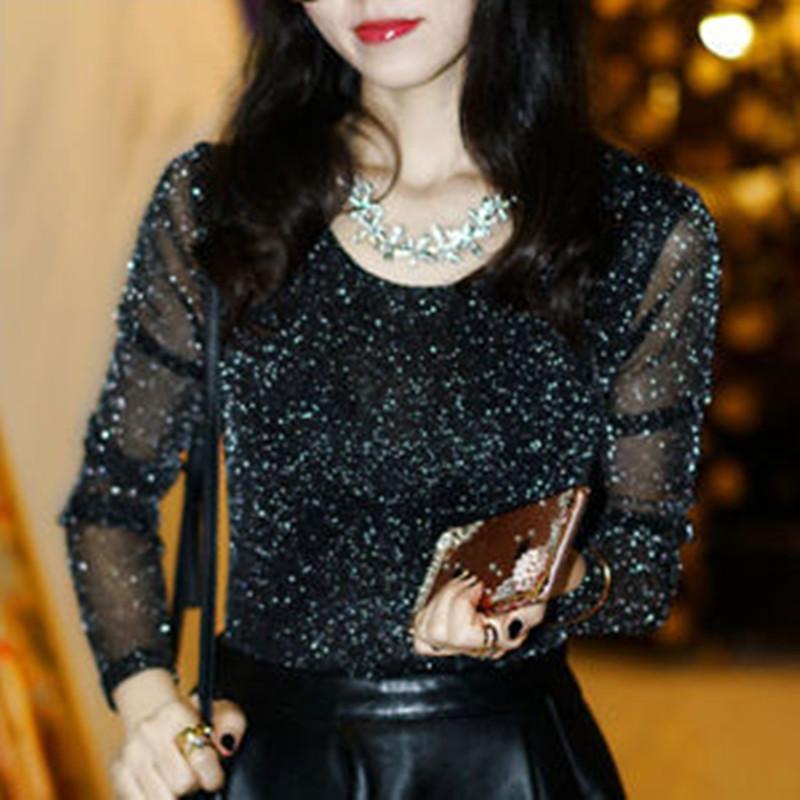 Футболка с блестящей сеткой, водолазка с длинными рукавами, блузки для вечеринок, обтягивающий тонкий топ