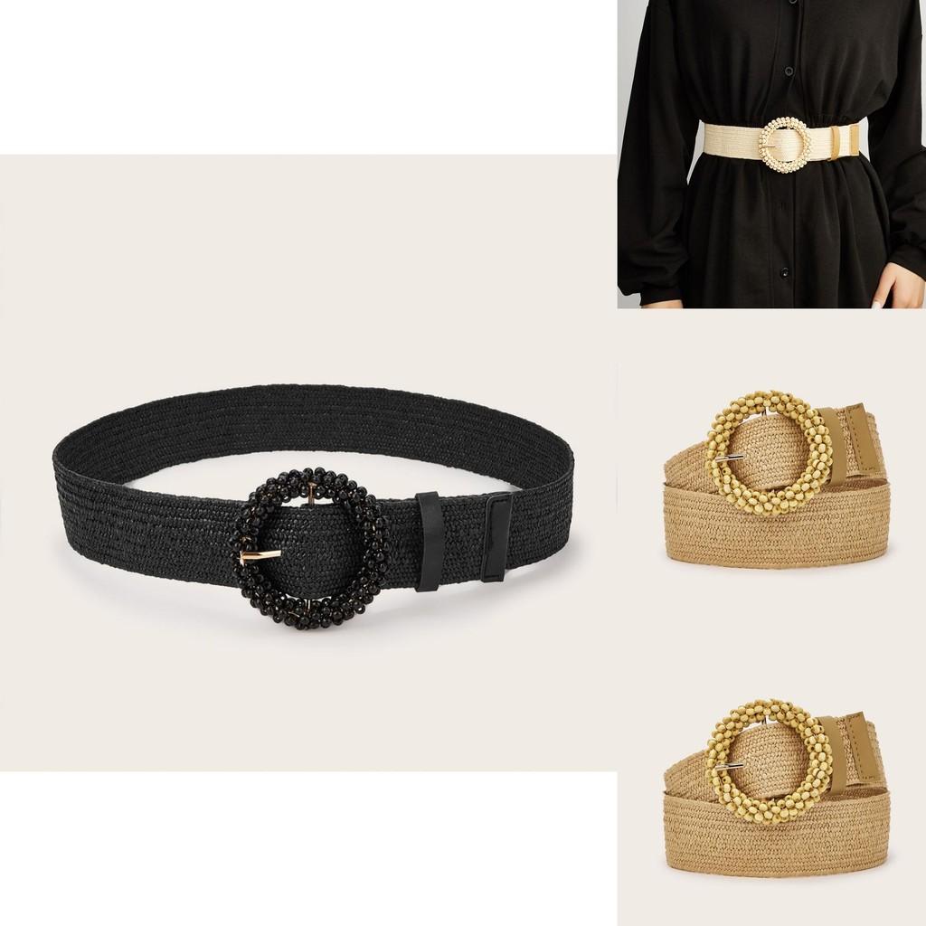 Simple Solid Color Bead Ring Buckle Decoration Women Woven Belt For Casual Ethnic Wear